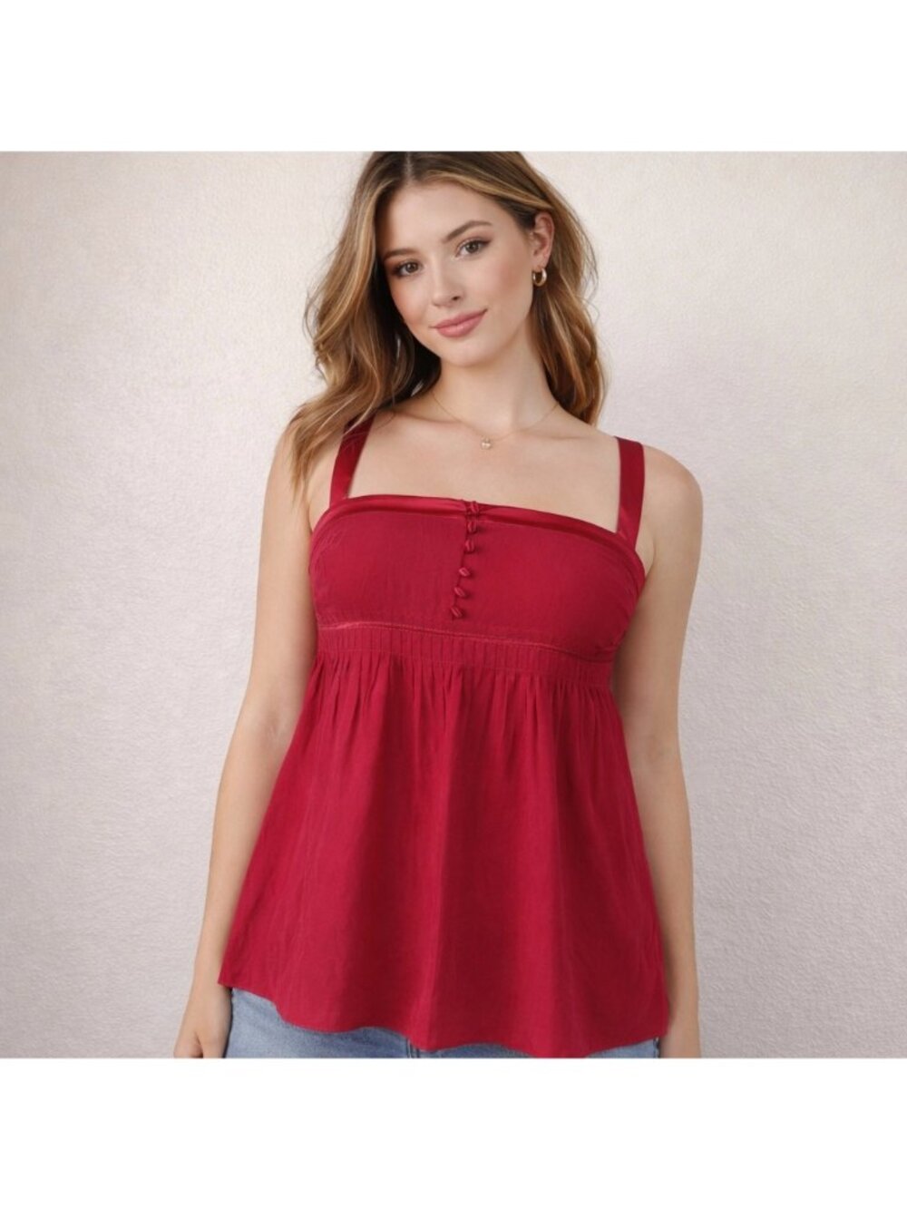 J.Crew Silk Babydoll Cami Red Faux Button Front Crisscross Back Size 10